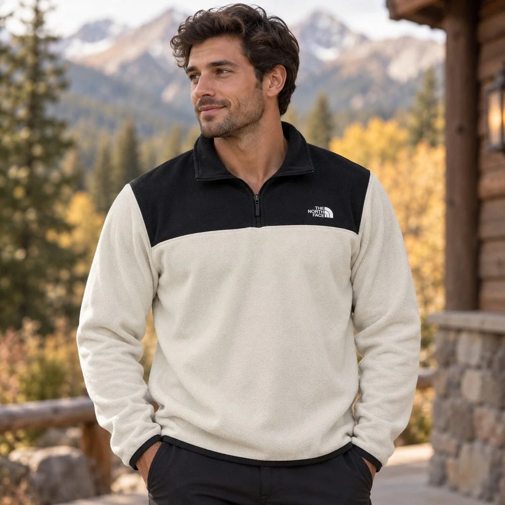 The North Face Mens TKA 100 Glacier Quarter Zip Fleece Cream Black Large